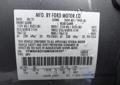 2021 Ford Explorer Xlt from USA, damaged, VIN 1FMSK8DH9MGB38307